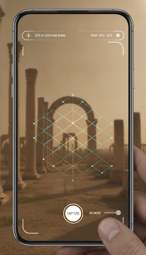 AR view showing a 3D reconstruction overlay on the Baths of Antoninus