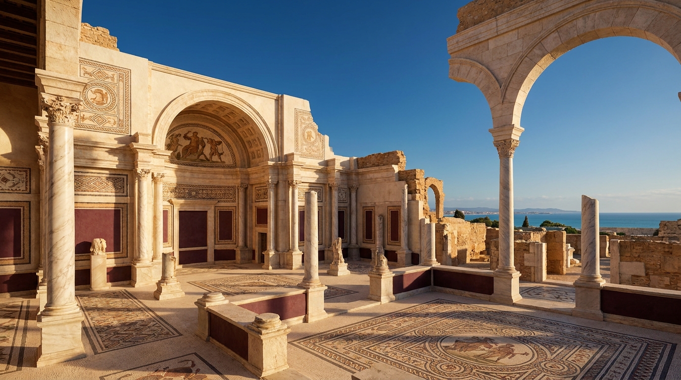 Ancient Roman ruins overlooking the Mediterranean Sea in Tunisia