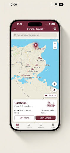 Chronos Tunisia app showing map of archaeological sites near Carthage