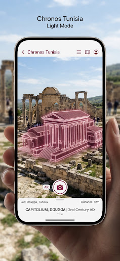 Chronos Tunisia app showing AR reconstruction of the Baths of Antoninus
